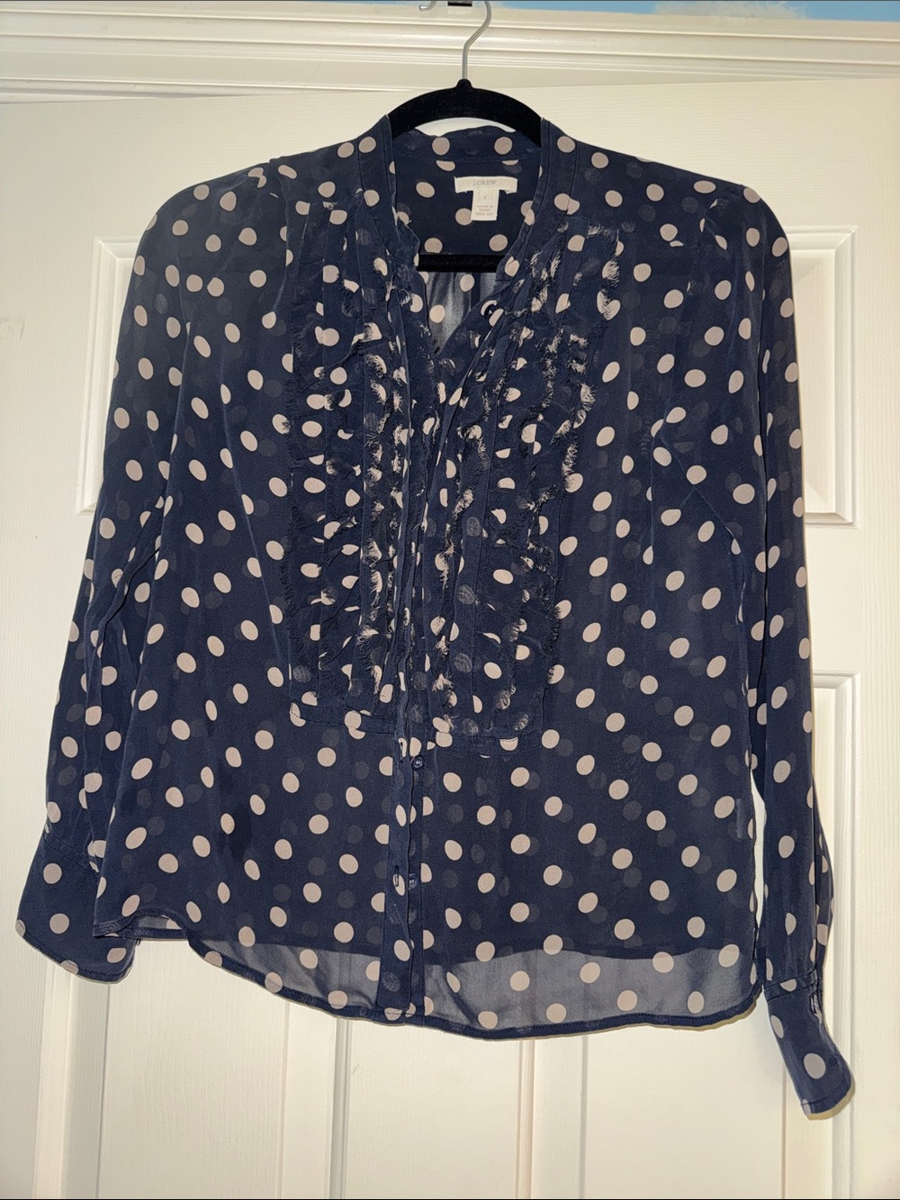 100% Silk J. Crew Navy Polka Dot Ruffle Front Long Sleeve Blouse - Size XS, Size